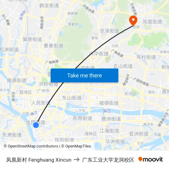 凤凰新村 Fenghuang Xincun to 广东工业大学龙洞校区 map