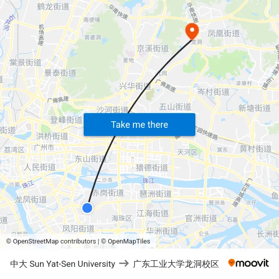 中大 Sun Yat-Sen University to 广东工业大学龙洞校区 map