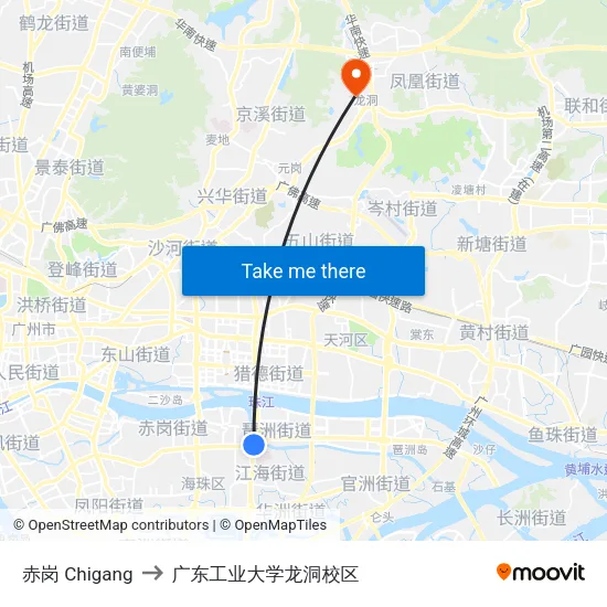 赤岗 Chigang to 广东工业大学龙洞校区 map