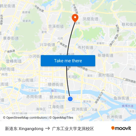 新港东 Xingangdong to 广东工业大学龙洞校区 map