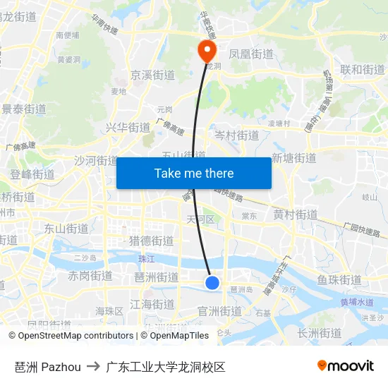 琶洲 Pazhou to 广东工业大学龙洞校区 map