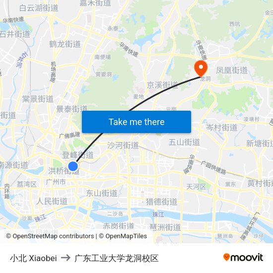 小北 Xiaobei to 广东工业大学龙洞校区 map