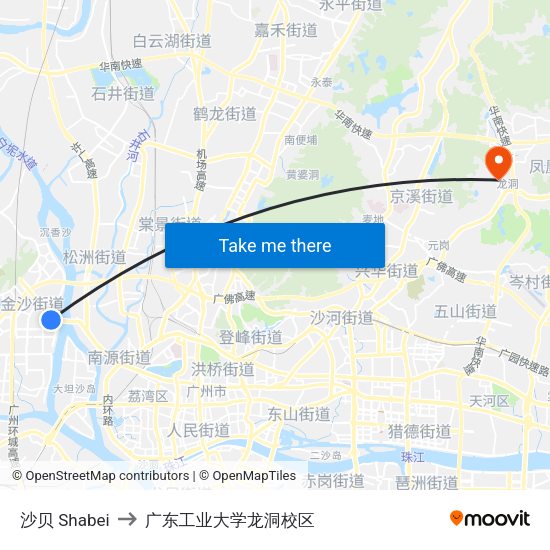 沙贝 Shabei to 广东工业大学龙洞校区 map