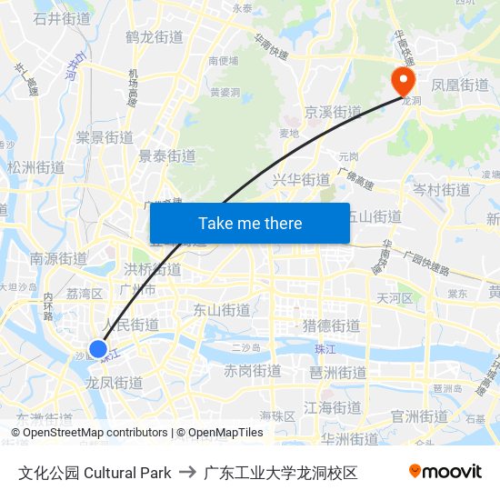 文化公园 Cultural Park to 广东工业大学龙洞校区 map