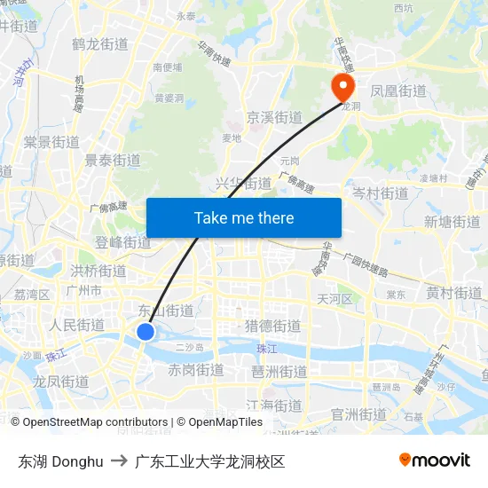 东湖 Donghu to 广东工业大学龙洞校区 map