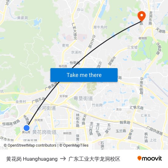 黄花岗 Huanghuagang to 广东工业大学龙洞校区 map