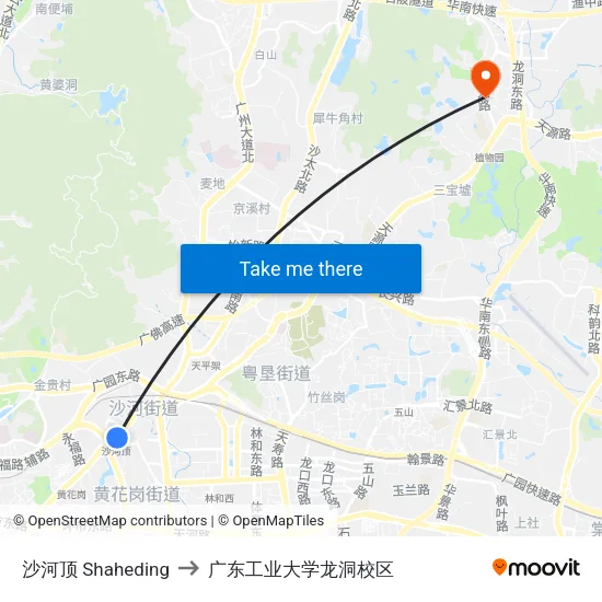 沙河顶 Shaheding to 广东工业大学龙洞校区 map