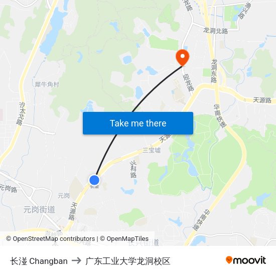长湴 Changban to 广东工业大学龙洞校区 map