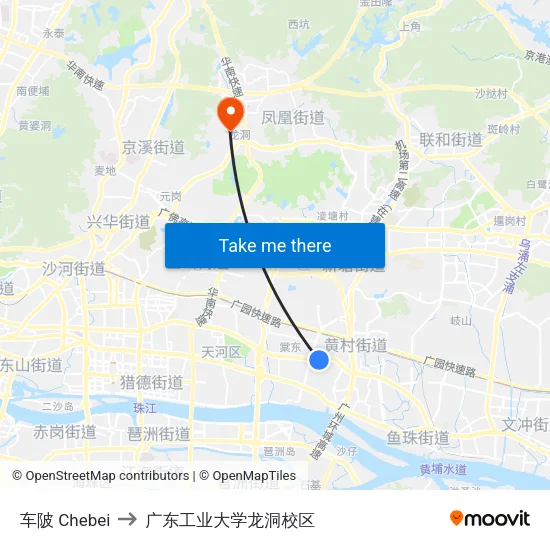 车陂 Chebei to 广东工业大学龙洞校区 map