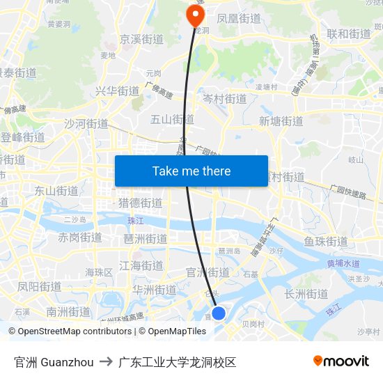 官洲 Guanzhou to 广东工业大学龙洞校区 map