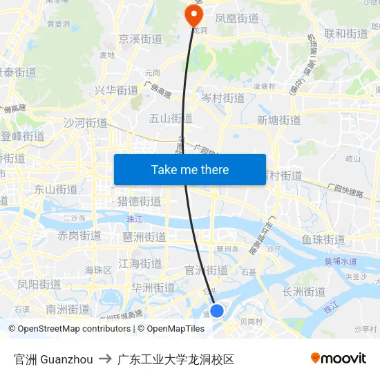 官洲 Guanzhou to 广东工业大学龙洞校区 map