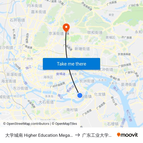 大学城南 Higher Education Mega Center South to 广东工业大学龙洞校区 map