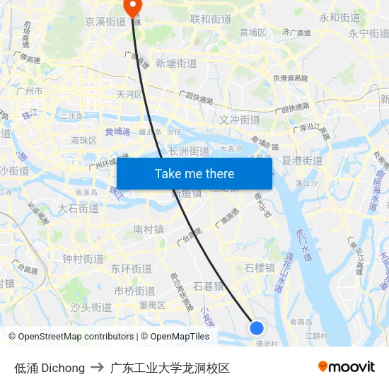 低涌 Dichong to 广东工业大学龙洞校区 map
