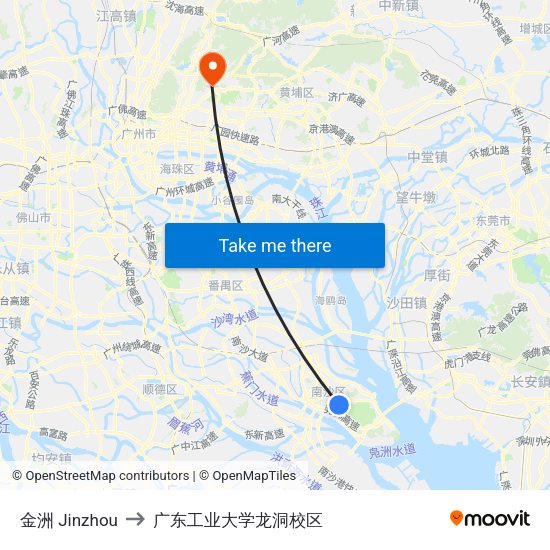 金洲 Jinzhou to 广东工业大学龙洞校区 map
