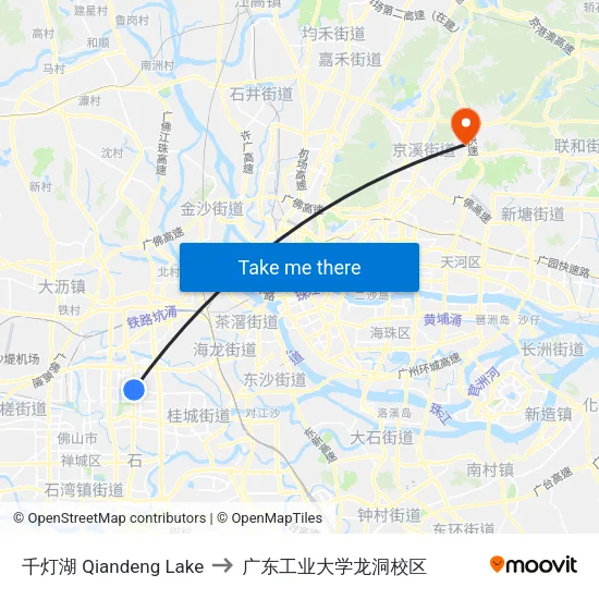 千灯湖 Qiandeng Lake to 广东工业大学龙洞校区 map