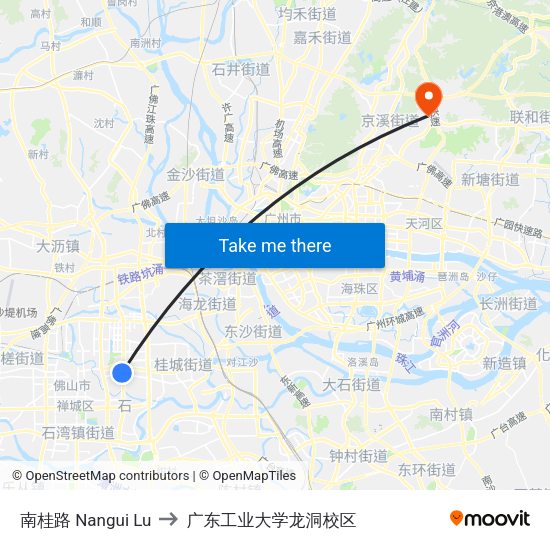 南桂路 Nangui Lu to 广东工业大学龙洞校区 map