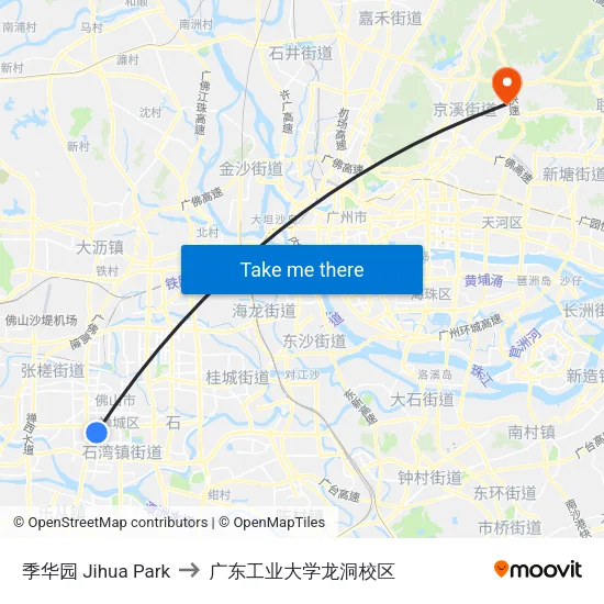 季华园 Jihua Park to 广东工业大学龙洞校区 map