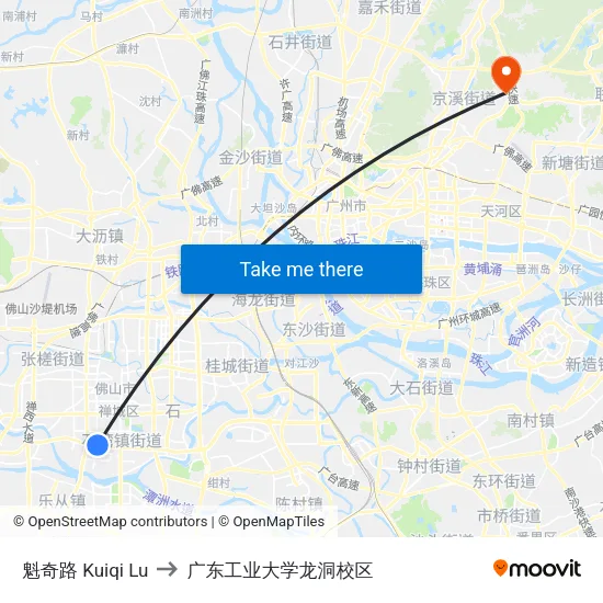 魁奇路 Kuiqi Lu to 广东工业大学龙洞校区 map