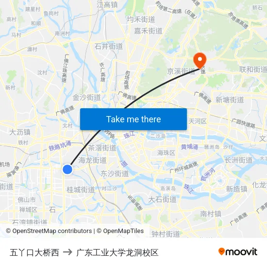 五丫口大桥西 to 广东工业大学龙洞校区 map