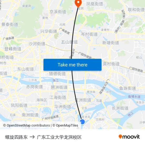 螺旋四路东 to 广东工业大学龙洞校区 map