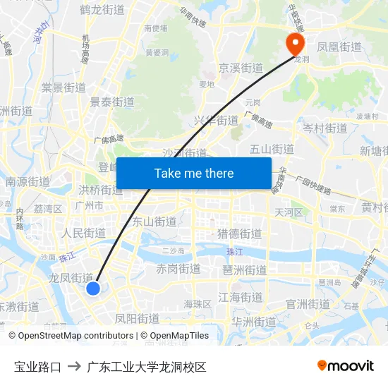 宝业路口 to 广东工业大学龙洞校区 map