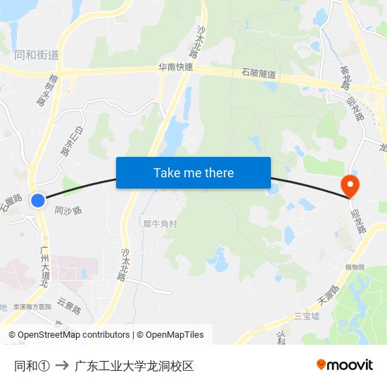 同和① to 广东工业大学龙洞校区 map