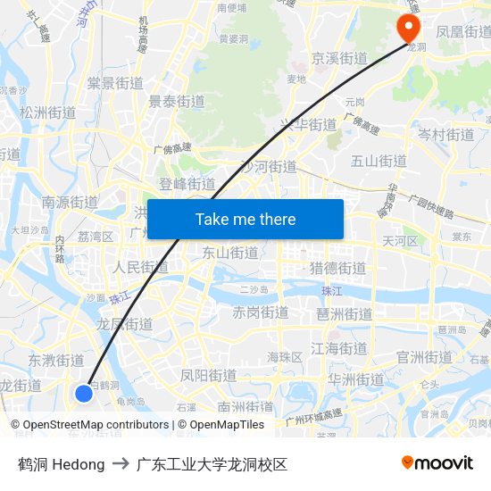 鹤洞 Hedong to 广东工业大学龙洞校区 map