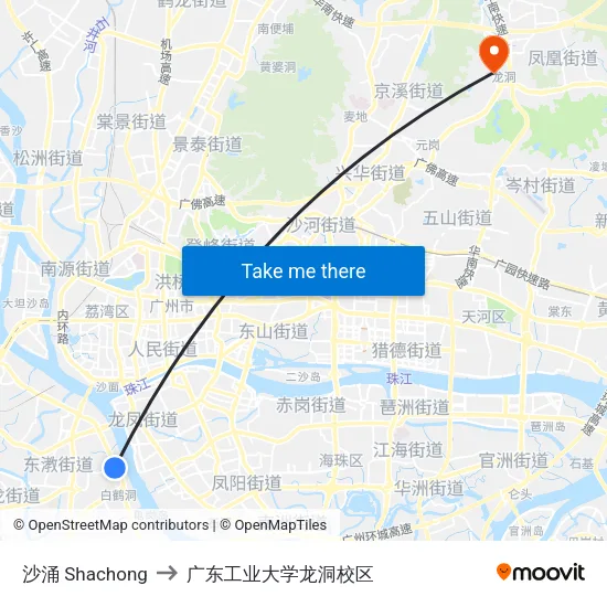 沙涌 Shachong to 广东工业大学龙洞校区 map