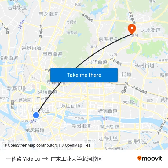 一德路 Yide Lu to 广东工业大学龙洞校区 map