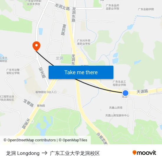龙洞 Longdong to 广东工业大学龙洞校区 map