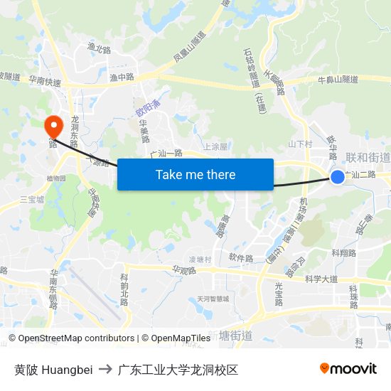黄陂 Huangbei to 广东工业大学龙洞校区 map