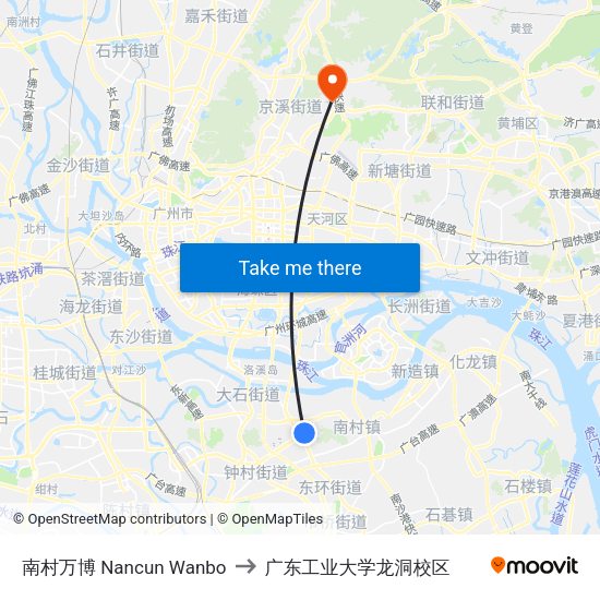 南村万博 Nancun Wanbo to 广东工业大学龙洞校区 map