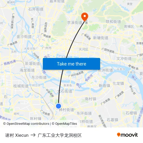 谢村 Xiecun to 广东工业大学龙洞校区 map