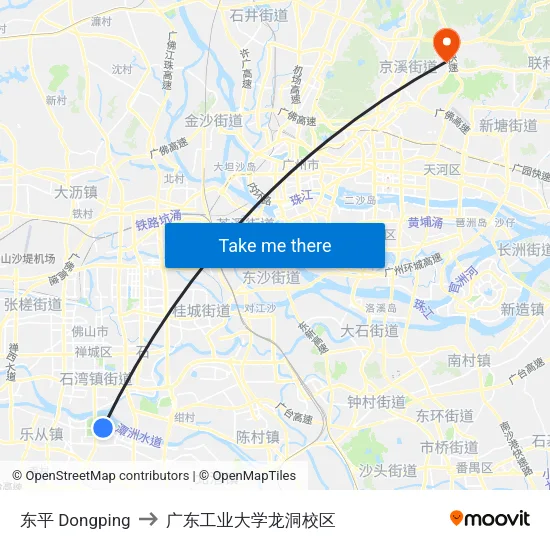 东平 Dongping to 广东工业大学龙洞校区 map