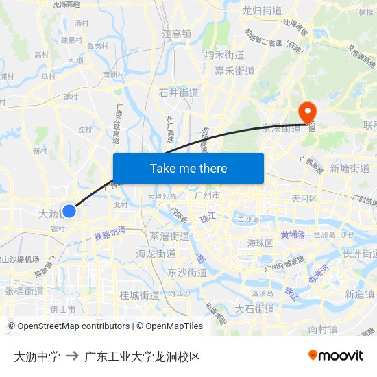 大沥中学 to 广东工业大学龙洞校区 map