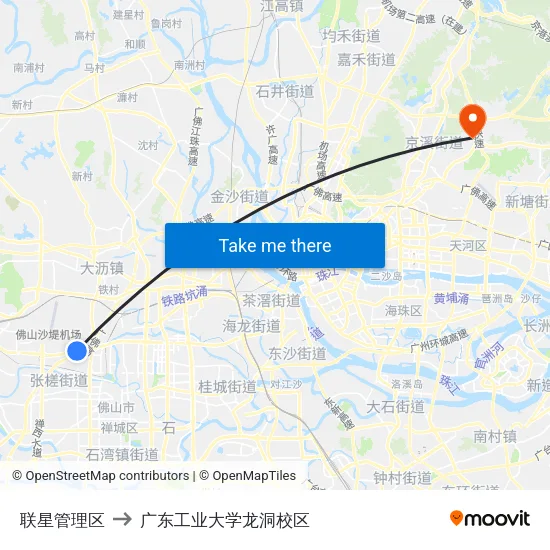 联星管理区 to 广东工业大学龙洞校区 map