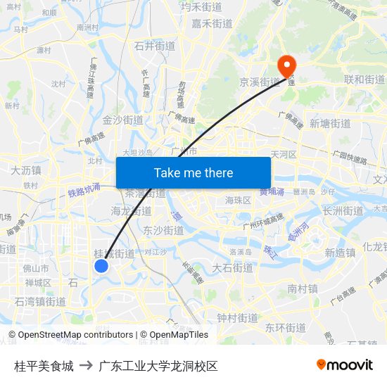 桂平美食城 to 广东工业大学龙洞校区 map
