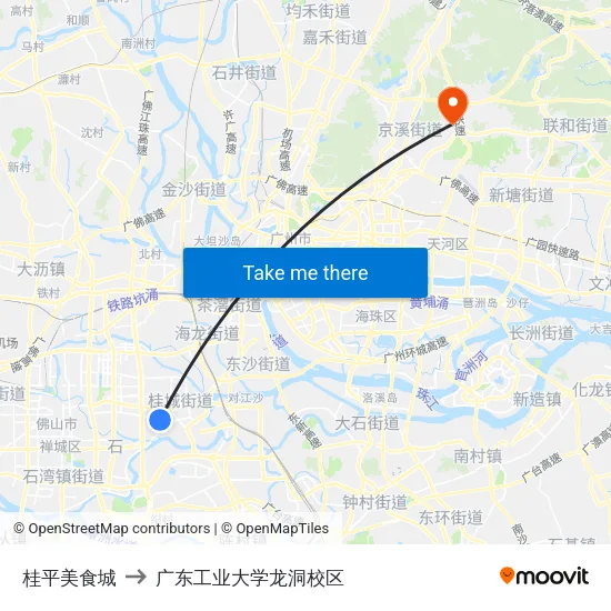 桂平美食城 to 广东工业大学龙洞校区 map