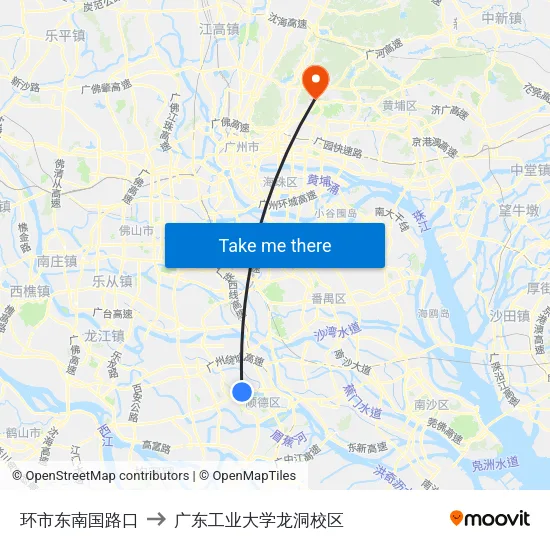 环市东南国路口 to 广东工业大学龙洞校区 map