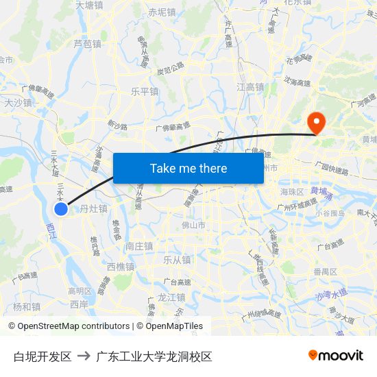 白坭开发区 to 广东工业大学龙洞校区 map