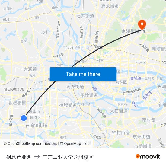 创意产业园 to 广东工业大学龙洞校区 map