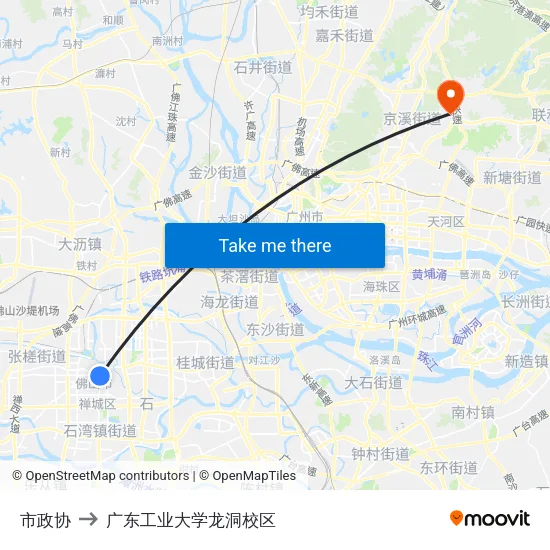 市政协 to 广东工业大学龙洞校区 map