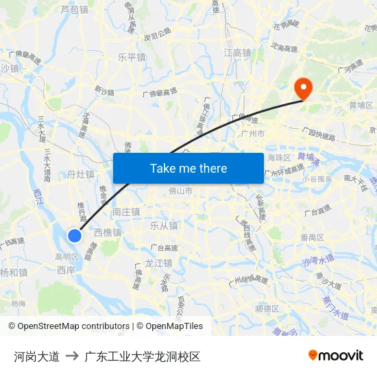 河岗大道 to 广东工业大学龙洞校区 map