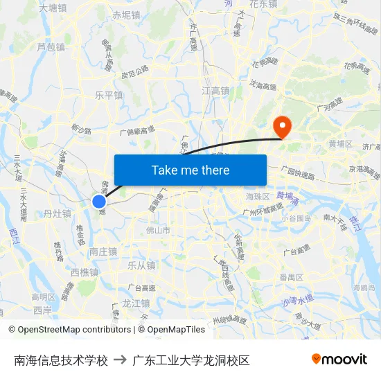南海信息技术学校 to 广东工业大学龙洞校区 map