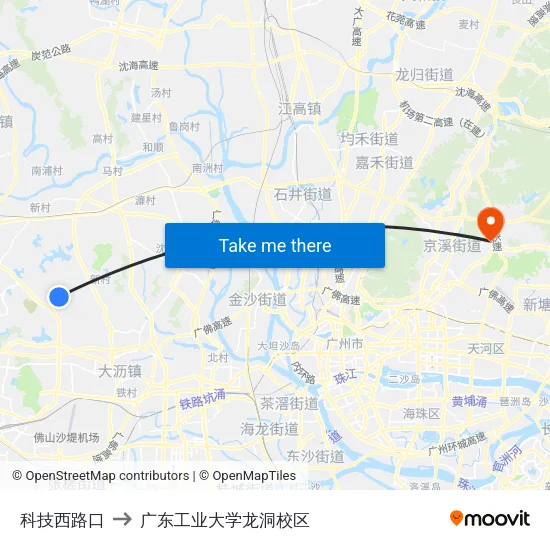 科技西路口 to 广东工业大学龙洞校区 map