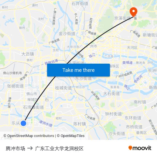 腾冲市场 to 广东工业大学龙洞校区 map