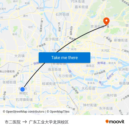 市二医院 to 广东工业大学龙洞校区 map