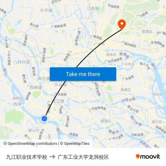 九江职业技术学校 to 广东工业大学龙洞校区 map