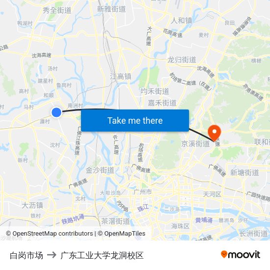 白岗市场 to 广东工业大学龙洞校区 map