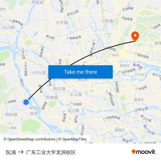 阮涌 to 广东工业大学龙洞校区 map